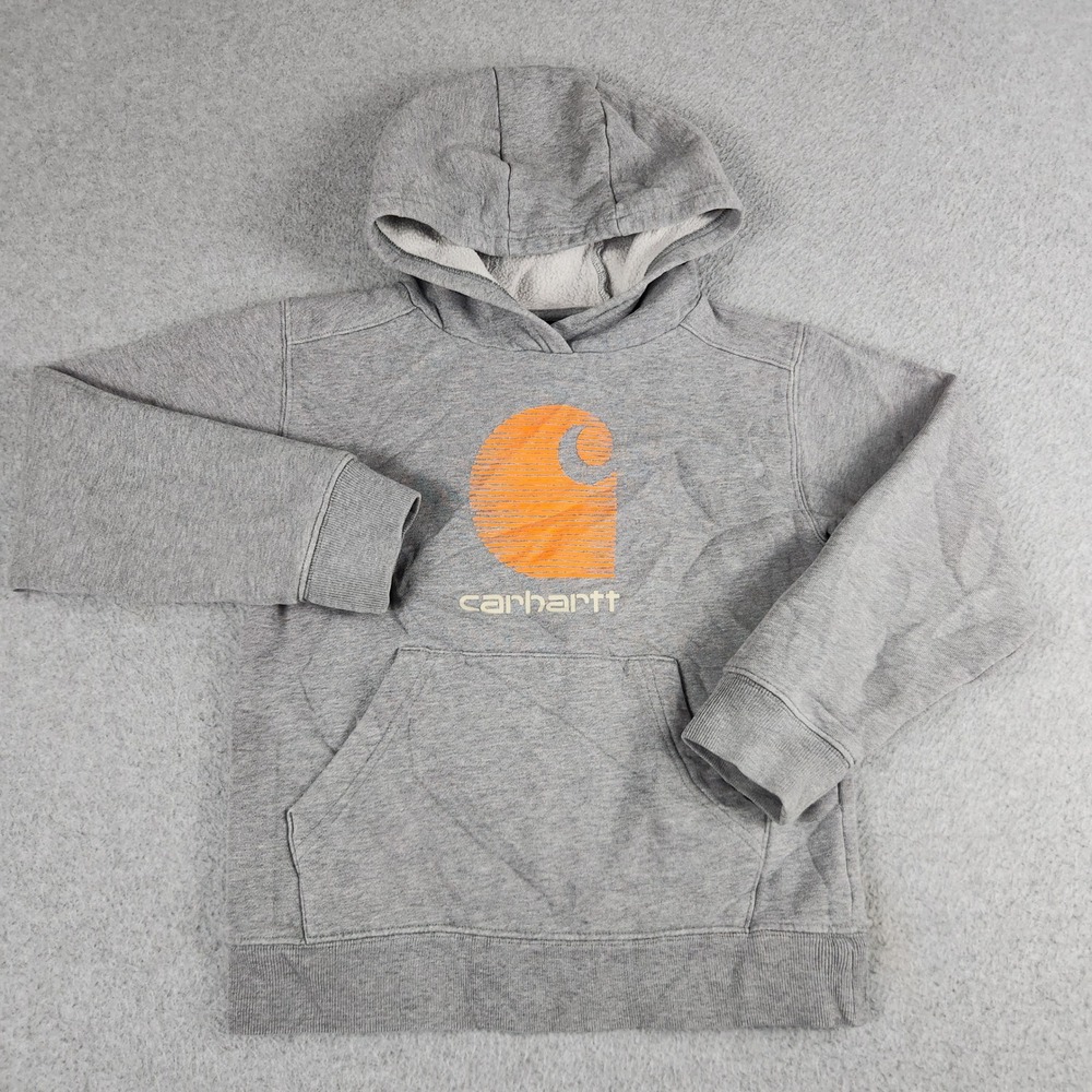 Carhartt Hoodie Youth S 8-10 Gray Graphic Logo Fleece Lined Streetwear Pullover